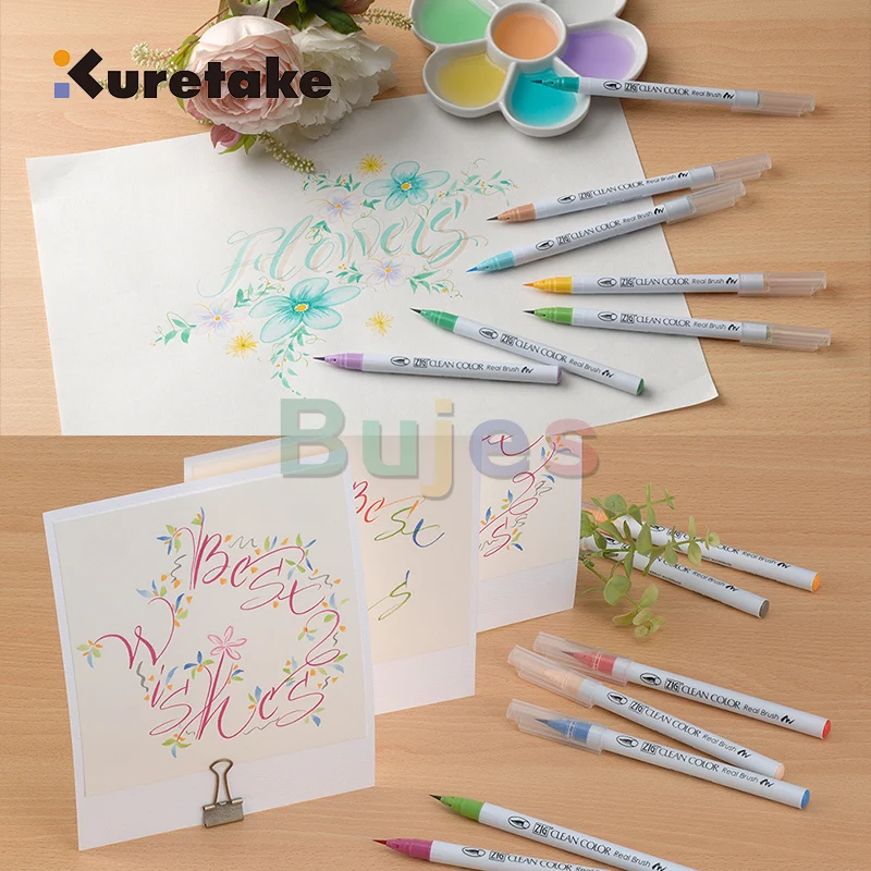 Настоящая кисть Kuretake Zig Clean Color с гибким наконечником, без запаха, для иллюстраций, надписей и манги, доступна в 90 цветах