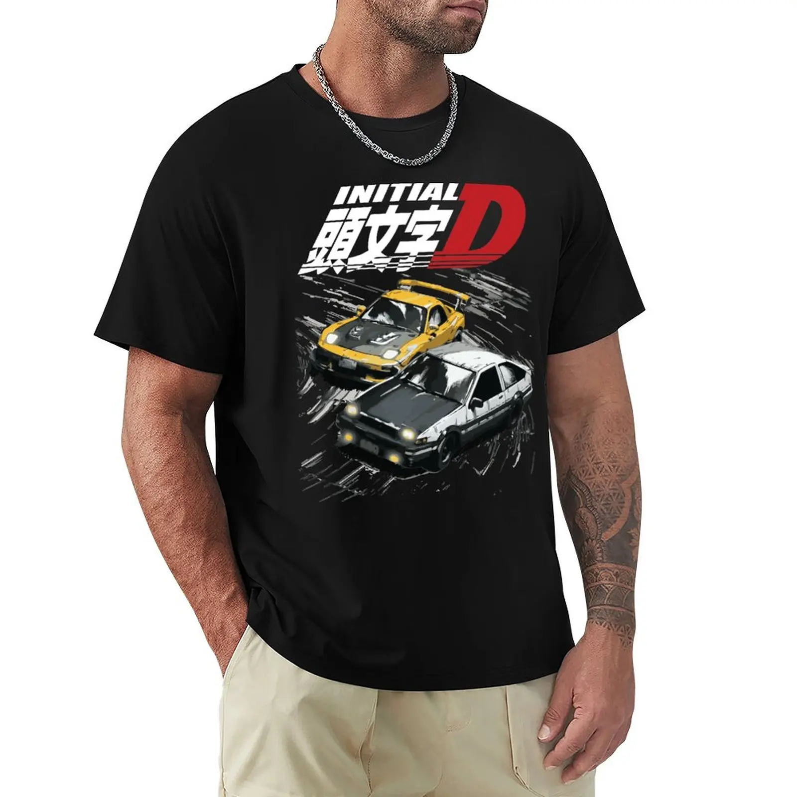 Начальная футболка D - Mountain Drift Racing Tandems AE86 takumi vs FD rx-7 keisuke, черная одежда в стиле хиппи, мужские графические футболки