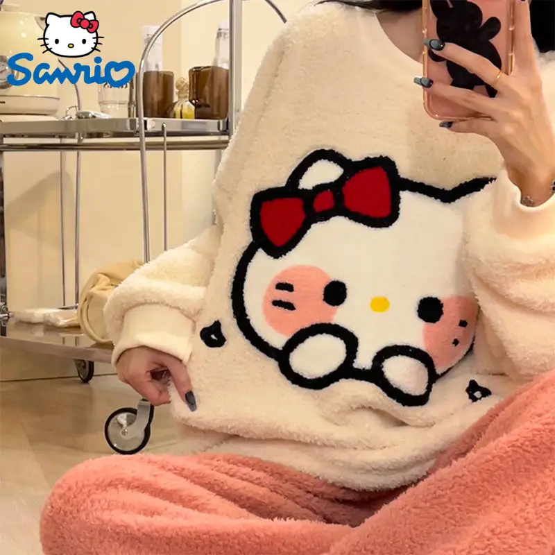 Новая Пижама Sanrio Hello Kitty, Женская Зимняя Плюшевая Утолщенная Пижама Оверсайз, Милый Теплый Домашний Меховой Комплект, Брюки, Одежда Для Отдыха