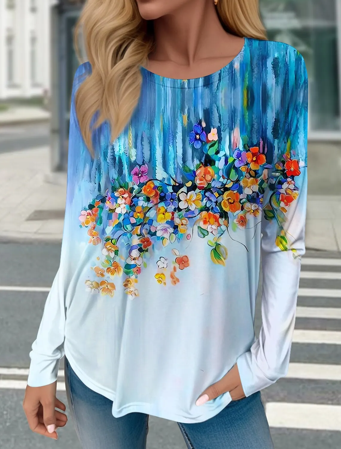 Новая женская футболка с синим принтом бабочки, толстовка с длинным рукавом, модный O-образный вырез, обычная посадка, рисунок бабочки, весна и осень