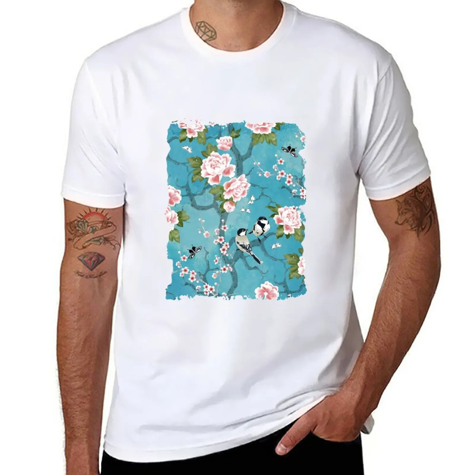 Новая футболка Chinoiserie birds в бирюзово-синем цвете, футболки для любителей спорта, футболка для мальчика, блузка, милая одежда, мужские хлопковые футболки