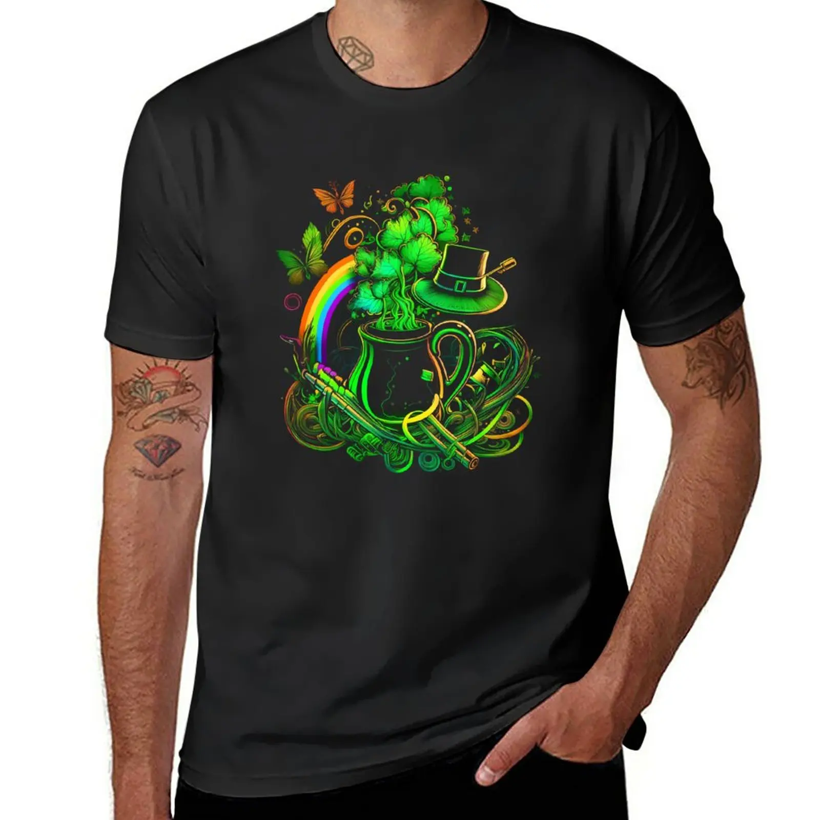 Новая футболка с рисунком горшка с трилистниками и радуги, футболки больших размеров, черная футболка, мужская тренировочная рубашка