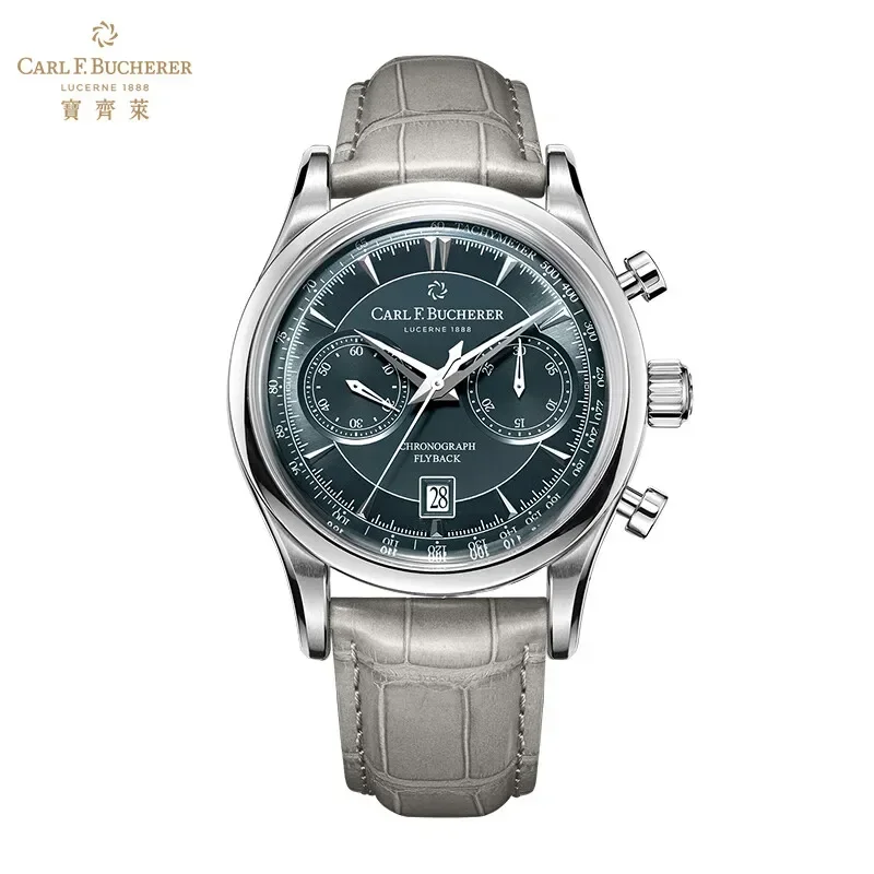 Новые часы Carl F. Bucherer, хронограф Marley Dragon Flyback, серо-синий циферблат, Верхний кожаный ремешок, кварцевые мужские часы 222