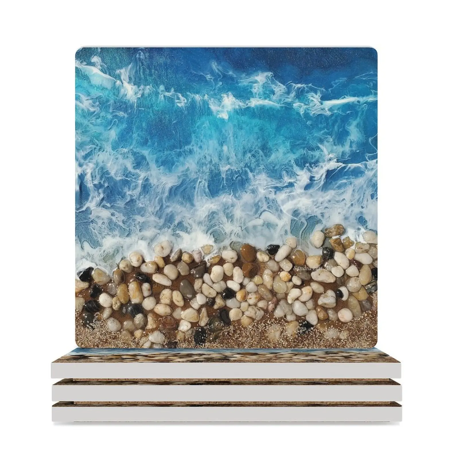 Океанская смола 3D с Галькой и песком Керамические Подставки (Квадратные) коврик для кружки Коврик для чашки объемные Подставки