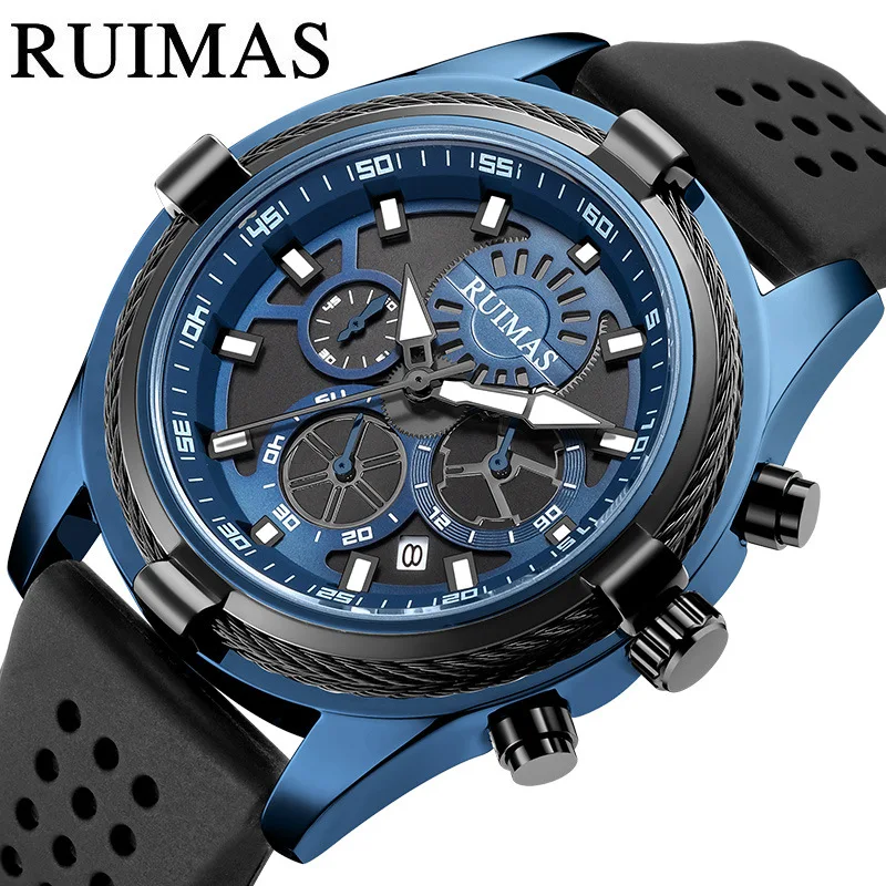 Оригинальные мужские наручные часы с хронографом Ruimas, спортивные многофункциональные светящиеся стрелки, водонепроницаемые мужские часы с датой, силиконовый ремешок