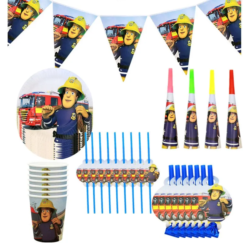 Пожарный Сэм на 10 персон Принадлежности для празднования Дня рождения пожарного Пожарная машина Тарелки Чашки Салфетки Набор баннеров Украшение дома для мальчиков и девочек