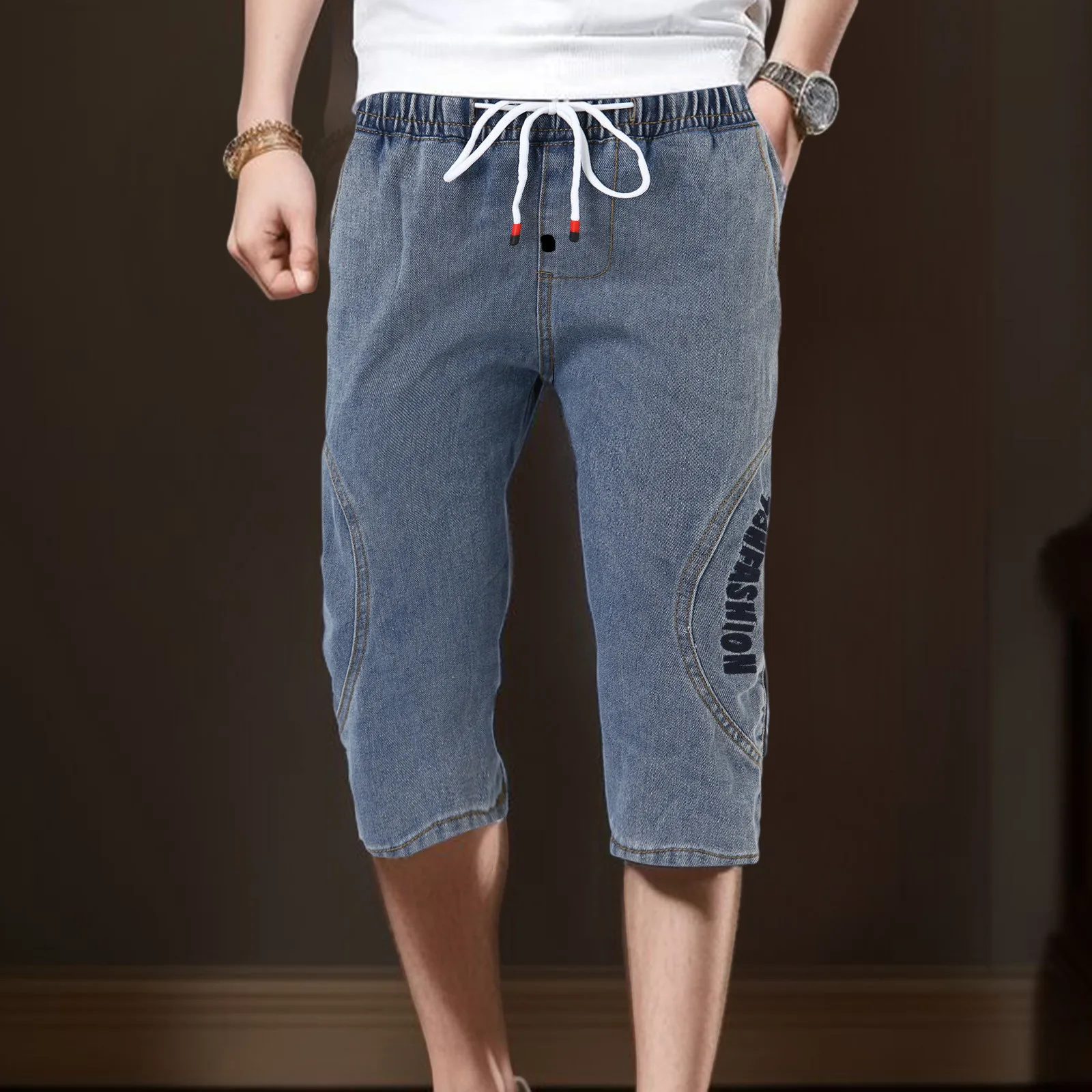 Прямые джинсовые шорты для мужчин, летний тренд, Тонкие, эластичные, свободные, прямые повседневные джинсовые шорты-капри, мужские джинсовые шорты, одежда