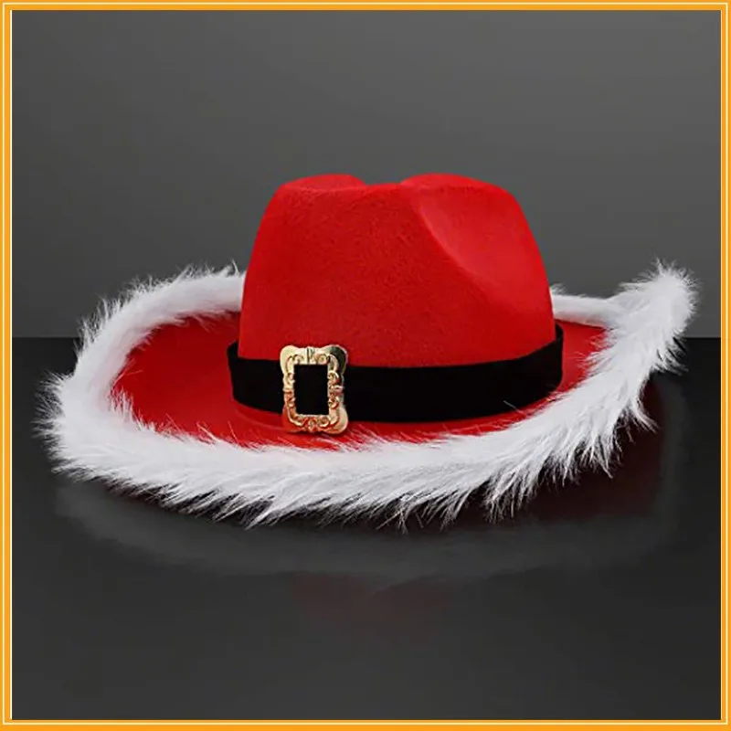 Рождественская вечеринка, ковбойская шляпа с пером, опушка из искусственного меха, не светящаяся Красная шляпа Санта-Клауса, Западная карнавальная шляпа