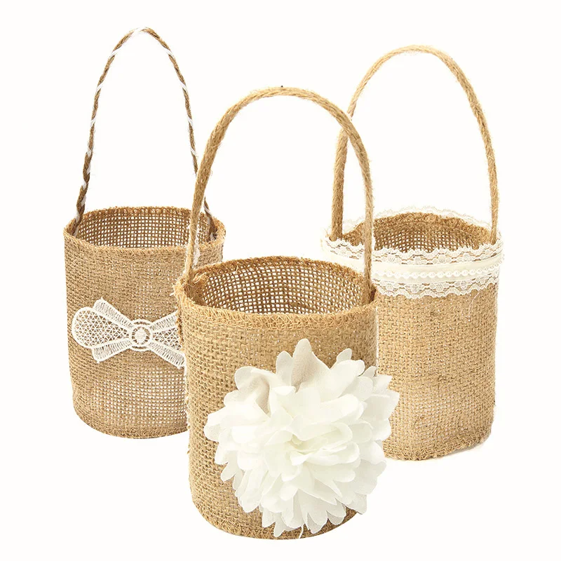 Свадебная корзина из мешковины, сумка с льняной ручкой, Винтажная корзина для цветов для свадебной церемонии в деревенском стиле, посуда, принадлежности, сумка 