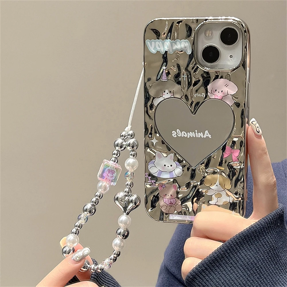 Симпатичный 3D браслет-цепочка с зеркальным сердечком и медведем в виде животного Чехол для телефона для iPhone 13 12 11 14 15 Pro Max XS Max с роскошным покрытием
