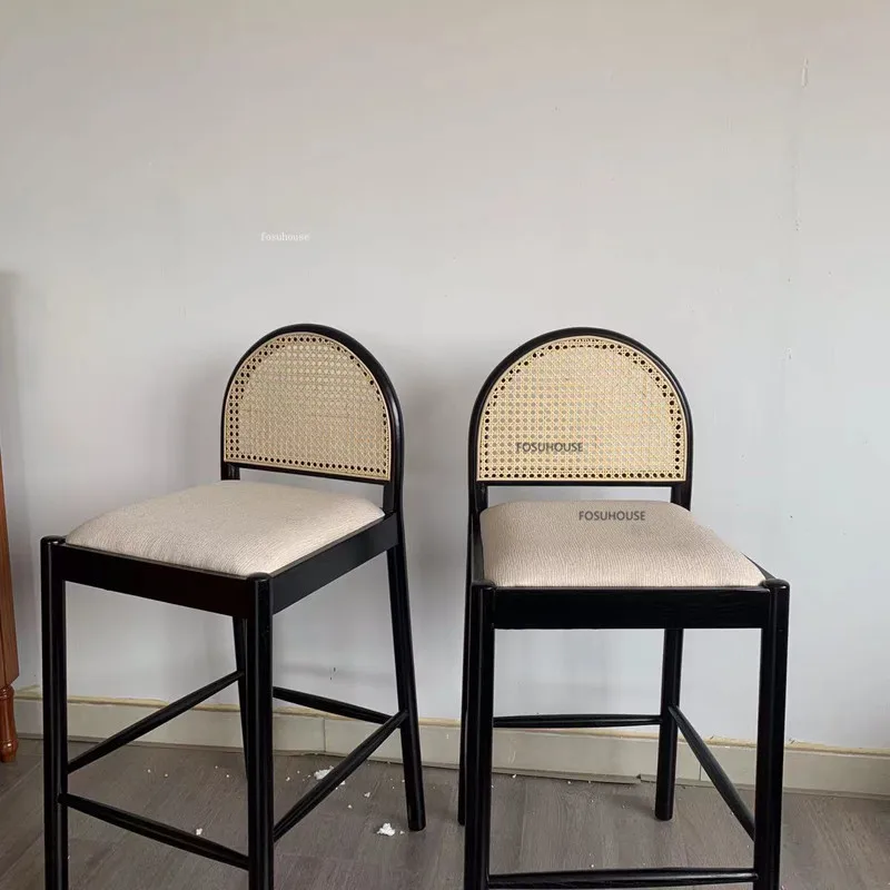 Современные ретро барные стулья из массива дерева Ретро Ротанг для кухонной мебели Бытовой Барный стул Кофейня Высокие барные стулья для ног
