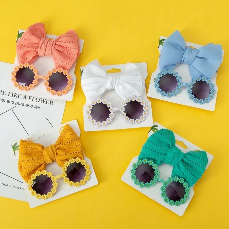 Солнцезащитные очки в виде круглого цветка с эластичной нейлоновой детской повязкой на голову, Богемный пляж, приморские солнцезащитные очки, детские головные уборы с пышным бантом