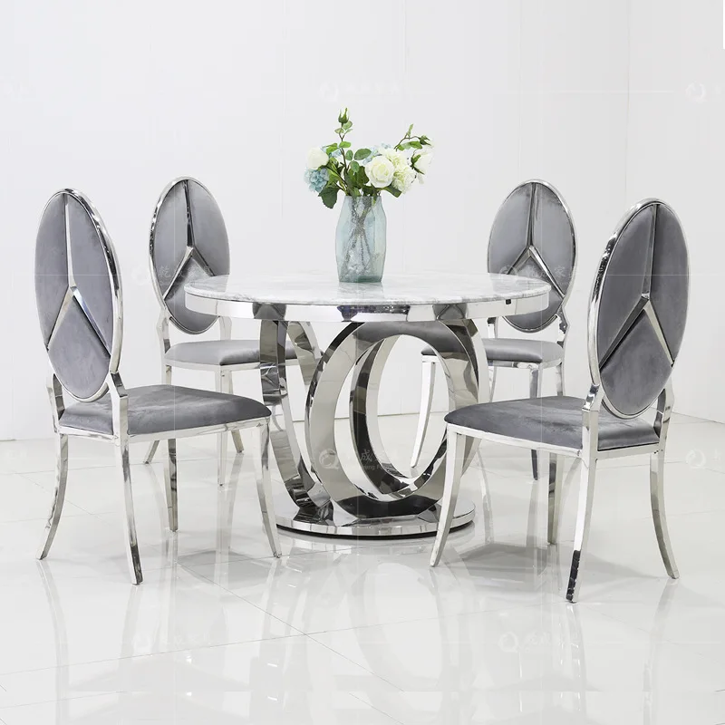 Сочетание светлого роскошного мраморного обеденного стола и стула, бытовой обеденный стол из нержавеющей стали, минималистичный гостиничный ресторан