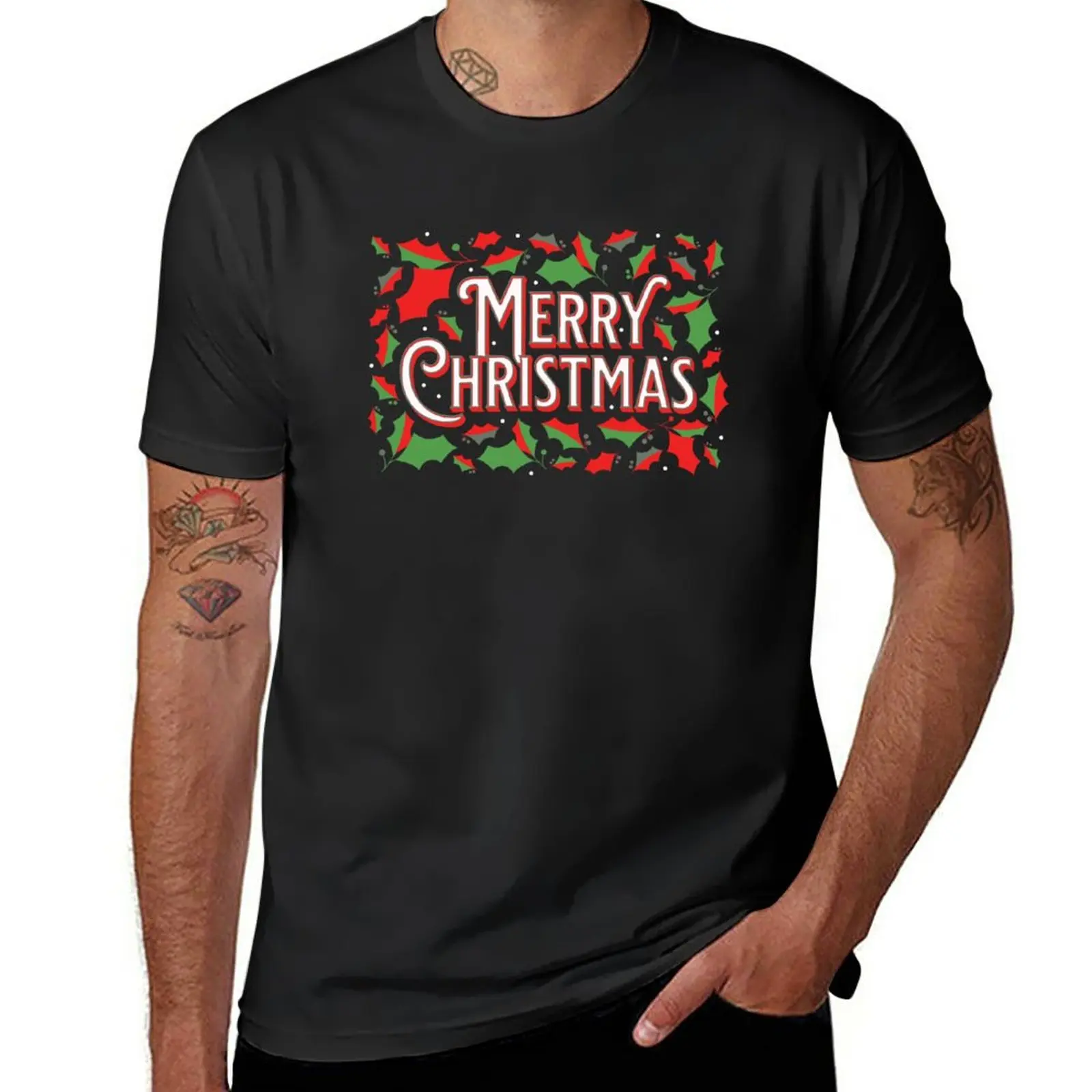 Счастливого Рождества с яркой футболкой Holly, черной футболкой t shirt man, мужской одеждой