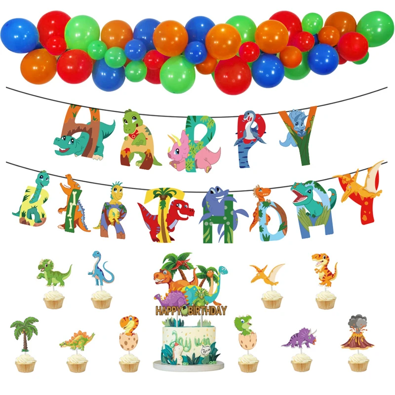 Тема Динозавра Украшение детского дня рождения Воздушные шары Баннер Набор Топперов для торта Детская вечеринка в джунглях Украшение для детского душа