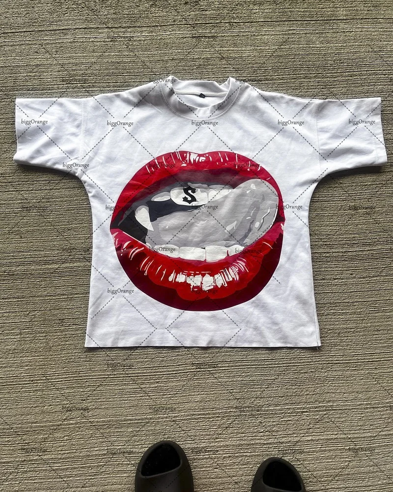Хлопковая футболка с принтом губ Маленького дьявола, мужская Y2K, модный бренд высокой уличной моды, повседневный топ в стиле харадзюку оверсайз с короткими рукавами